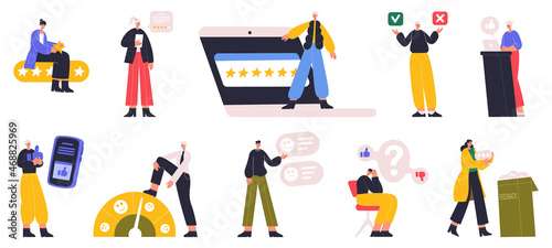 Online survey, people choosing answer or giving feedback. Characters making decision, rating, filling survey list vector illustration set. Customer service survey