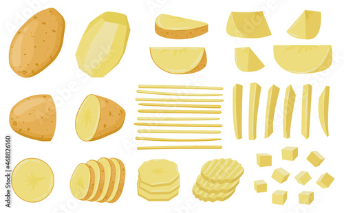 Cartoon sliced potatoes, chopped wedges and straws raw potato. Peeled potato root vegetable, sliced raw foods vector illustration set. Ready to cook potato vegetable