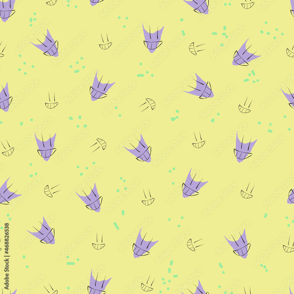 Pattern Smiles Seamless Dots Yellow Background Smile Line Style Lilac Background Beauty Salon.People smile rejoice, abstraction. For backgrounds, banners, textiles, cosmetology.