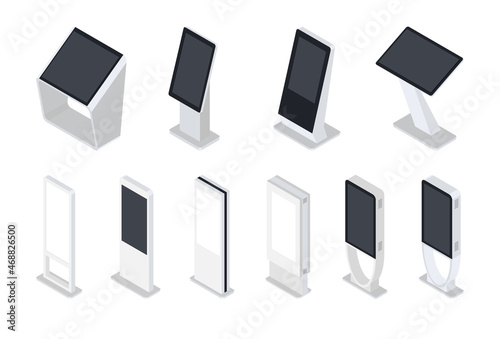 Set of Isometric Interactive Information Kiosks, Advertising Display, Terminal Stand