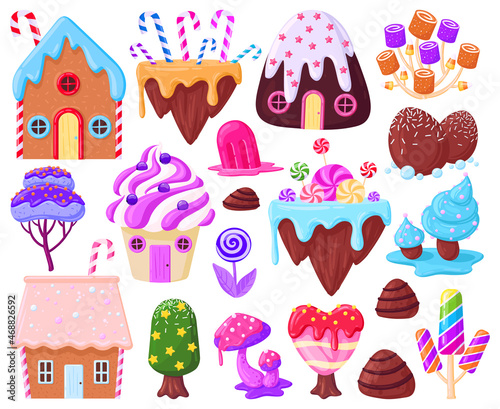 Cartoon sweet fantasy gingerbread houses and caramel trees. Fairy tale sweet candy land elements, biscuit houses, lollipop plants vector illustration set. Candy land elements