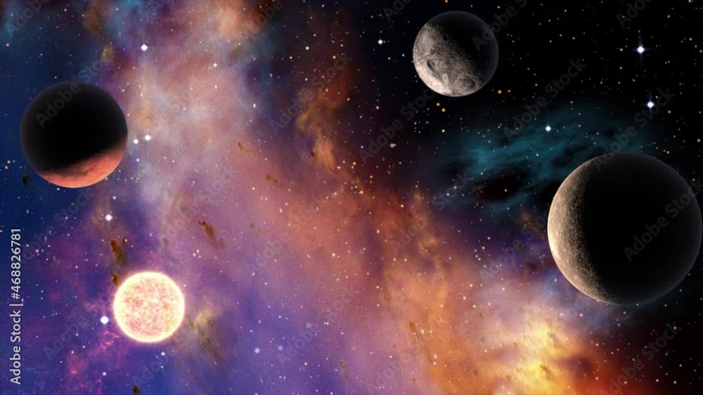 Space background slowly moving through universe among planets galaxies stars and nebulae