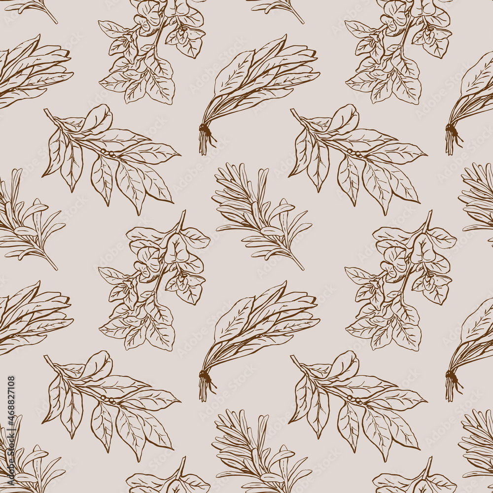 Fototapeta premium Seamless pattern with herbs and spices drawn from the steering wheel with ink lines in the style of doodle sketch. Vector illustration can be scaled to any size. Suitable for kitchen fabrics, paper