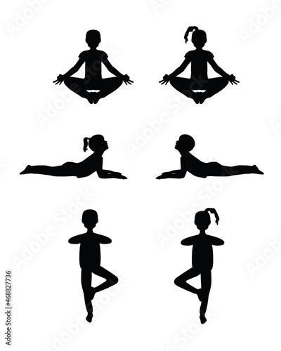 Children practice yoga, dark silhouettes on a white background. Vector illustration.