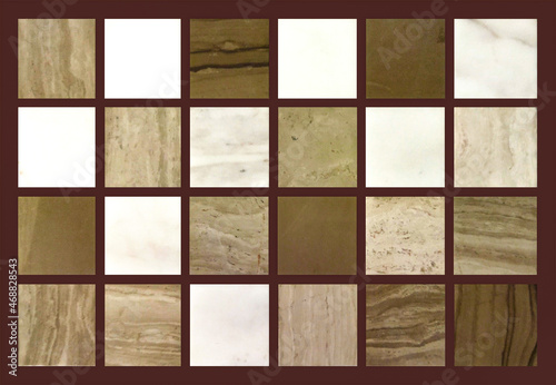 Wood texture with square elements of brown shades. Gray  brown and beige squares on a brown  chocolate background. 