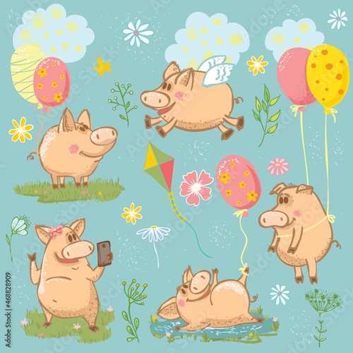 Set of Vector Cartoon Illustration. Cute Pigs in Different Poses for you Design. Cartoon Character