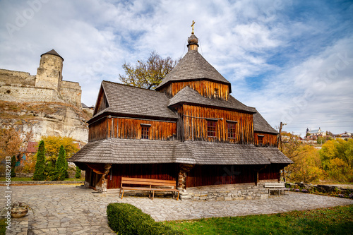 Wooden church on an autumn day in Kamianets-Podilskyi.