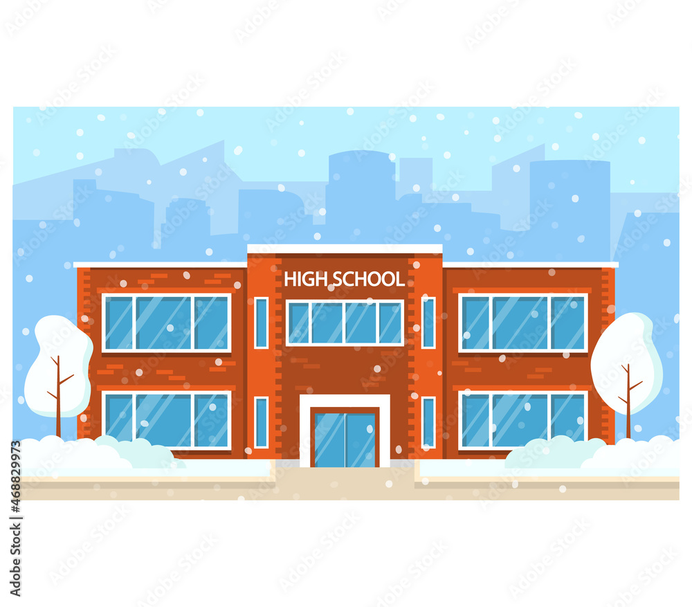 Winter high school building.Education concept.Vector flat illustration.