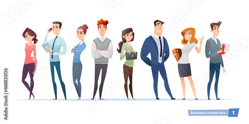 Collection Businesswomen and Businessmen in Cartoon Characters style. Group of modern business people in casual work clothes and accessories. 