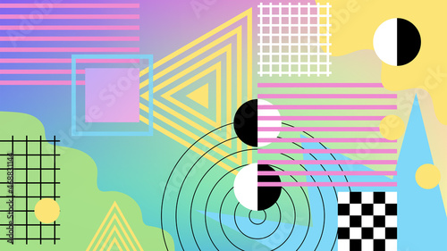 Abstraction. Horizontal poster. Geometric shapes: circles, triangles, squares, lines. The background is a nice marshmallow pastel gradient color mesh.