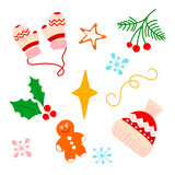 Vector winter set of elements, with knitted warm hat, mittens and snowflakes in cartoon style. Christmas elements for decor, stickers, postcards.