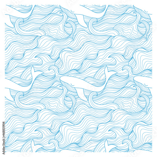 Seamless pattern with stormy waves and whales. Design for backdrops with sea, rivers or water texture.