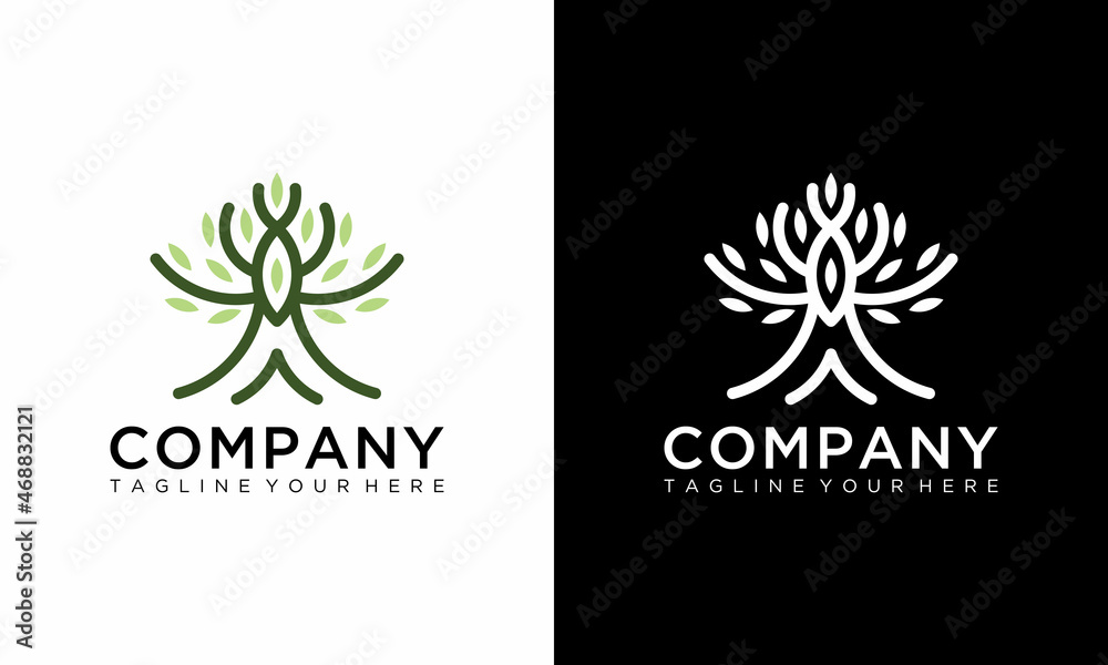 tree logo icon template design. Round garden plant natural line symbol. Green branch with leaves business sign. Vector illustration.on a black and white background.