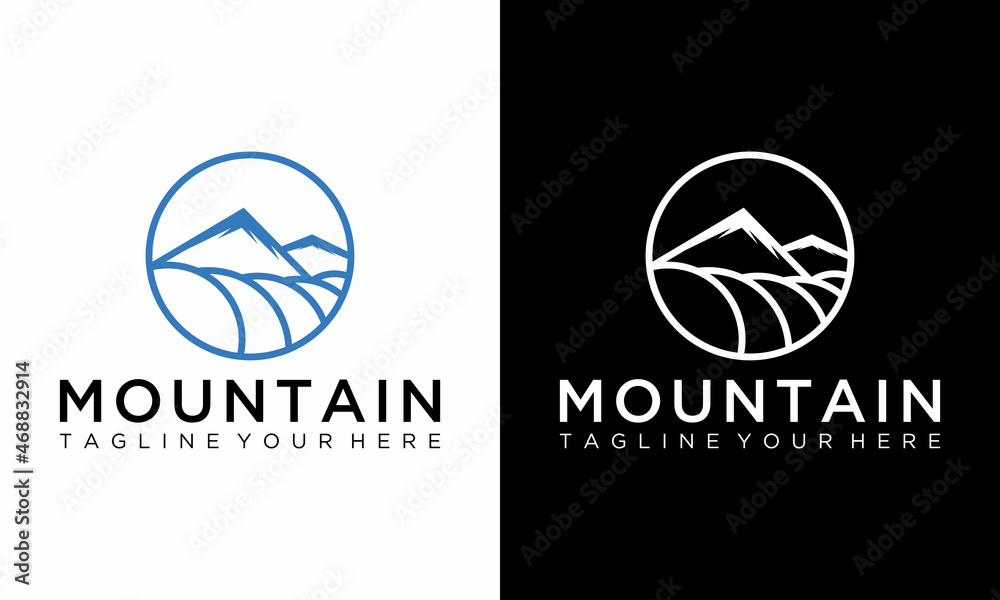 line art illustration of mountain and sun in circle shape design on a black and white background. line art illustration of mountain and sun in circle shape design on a black and white background.