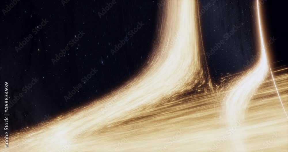 Black hole with lensing effect and accretion disk. Stars and galaxy background. Cinematic space rendering for science, technology and science fiction visualizations. High resolution 4k.