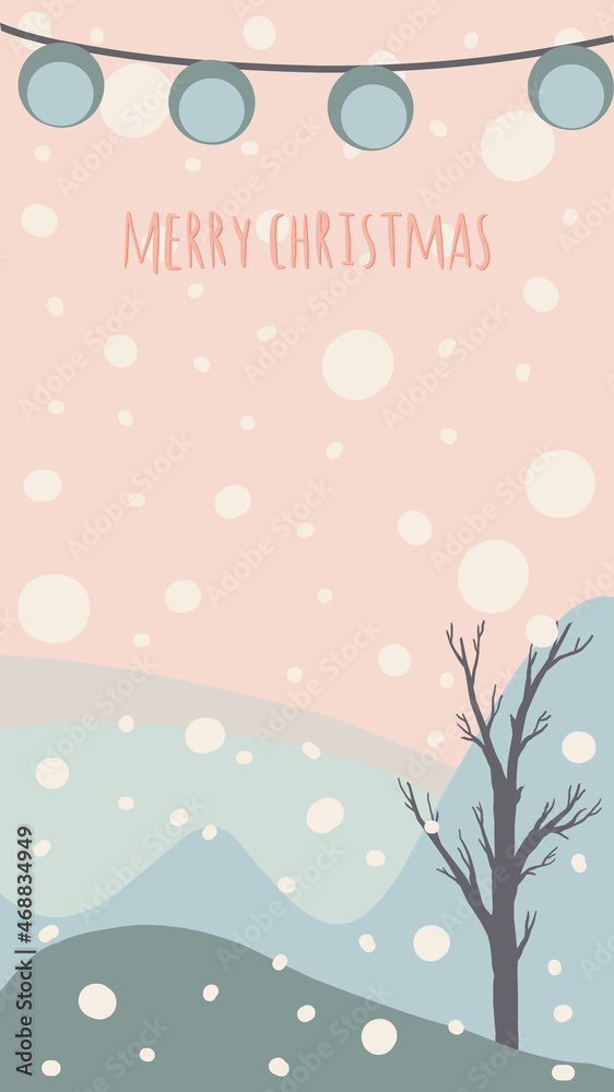 christmas greeting card cute hand drawn style and trendy matching pastel colors. christmas tree and snowman with gift box on snowdrift with garland and snow flakes