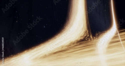 Black hole with lensing effect and accretion disk. Stars and galaxy background. Cinematic space rendering for science, technology and science fiction visualizations. High resolution 4k.