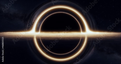 Black hole with lensing effect and accretion disk. Stars and galaxy background. Cinematic space rendering for science, technology and science fiction visualizations. High resolution 4k.