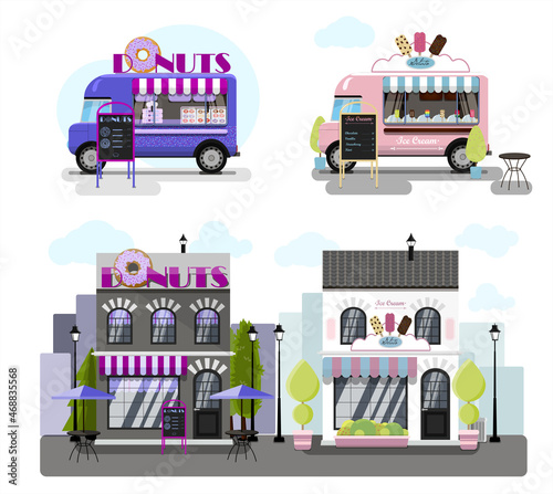A set of vector food trucks  restaurants and cafes. Cartoon donuts cafe and ice-cream cafe icons. Flat design of facades. Cliparts. Facade of an ice cream parlor with a summer outdoor terrace