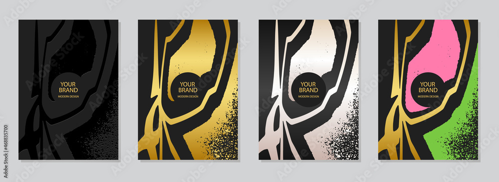 Set of cover design, vertical vector decorative templates. Geometric volumetric convex 3D pattern, collection of backgrounds in the style of minimalism, golden grunge texture.