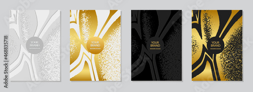Set of cover design, vertical vector original templates. Geometric volumetric convex 3D pattern, collection of backgrounds in the style of minimalism, golden grunge texture.