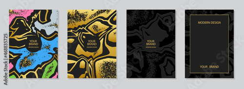 Set of cover design, vertical vector abstract templates. Geometric volumetric convex 3D pattern, collection of backgrounds in the style of minimalism, golden grunge texture.