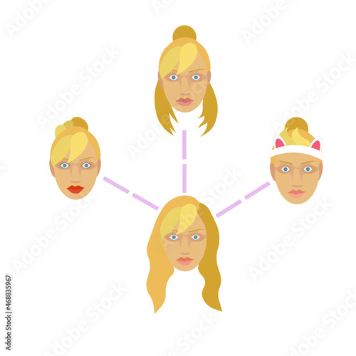 Beauty transformation of woman during day or life on white isolated background, vector female hairstyle in Flat design style, concept of Daily routine and Beauty transformation, Hairstyle and Hairdo.