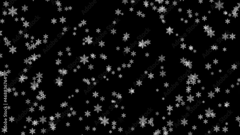 falling hand-drawn snowflakes on a black background, snowfall, 3d rendering 