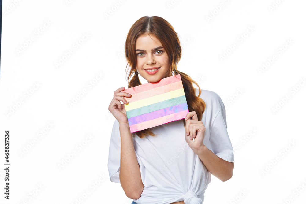 woman wearing white t-shirt lgbt flag inventor community woman wearing white t-shirt lgbt flag inventor community