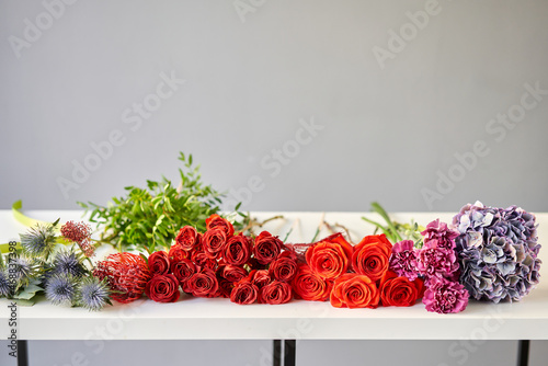 Flowers bunch, set for home. Fresh cut flowers for decoration home. European floral shop. Delivery fresh cut flower. photo