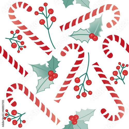 Christmas seamless pattern vector with candy canes and holly berries. Xmas and New Year background. Winter and Christmas elements.