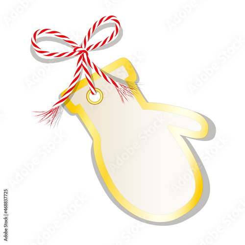 Blanko Fäustling Handschuh Karte mit goldenem Rand, gebunden mit rot-weiße Kordschleife, 
Etikett oder Geschenkanhänger, 
Vektor Illustration isoliert auf weißem Hintergrund
