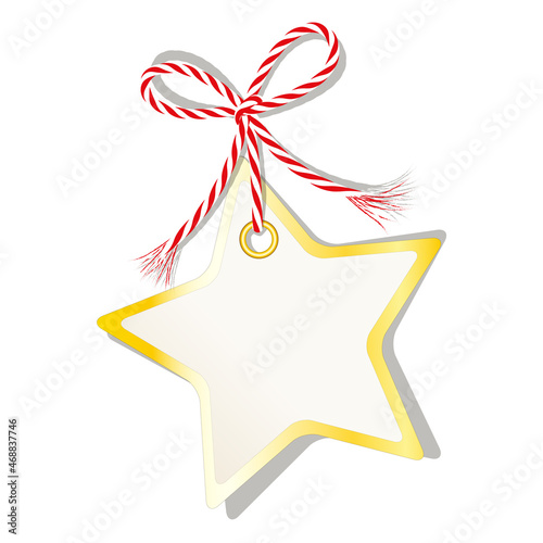 Blanko Stern Karte mit goldenem Rand, gebunden mit rot-weiße Kordschleife, 
Etikett oder Geschenkanhänger, 
Vektor Illustration isoliert auf weißem Hintergrund
