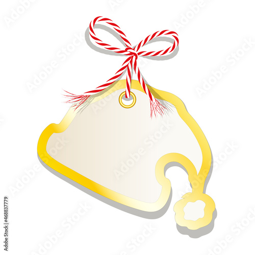 Blanko  Weihnachtsmütze Karte mit goldenem Rand, gebunden mit rot-weiße Kordschleife, 
Etikett oder Geschenkanhänger, 
Vektor Illustration isoliert auf weißem Hintergrund
