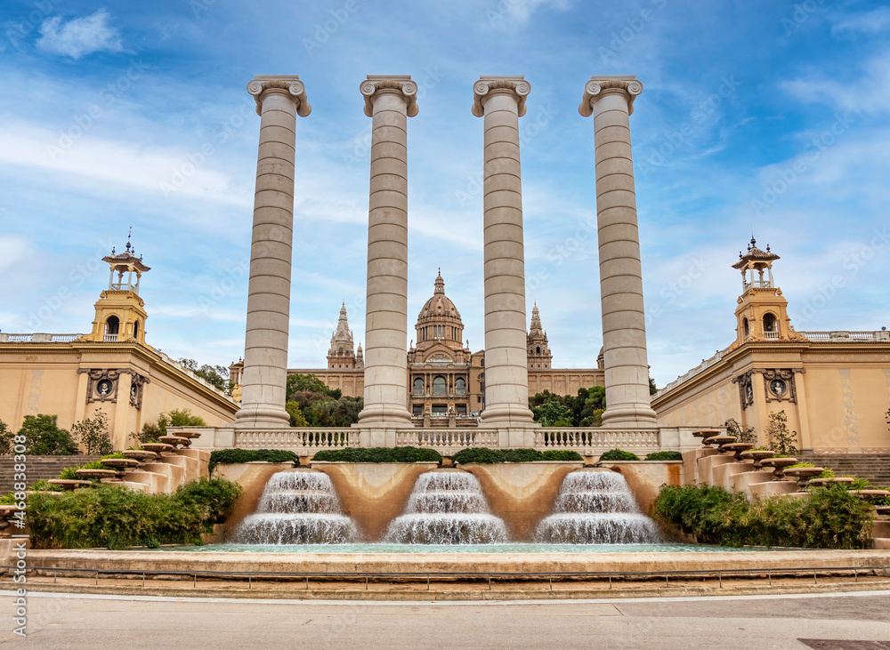 Four stone columns in front of the National Palace in Barcelona. A symbol of Catalanism.