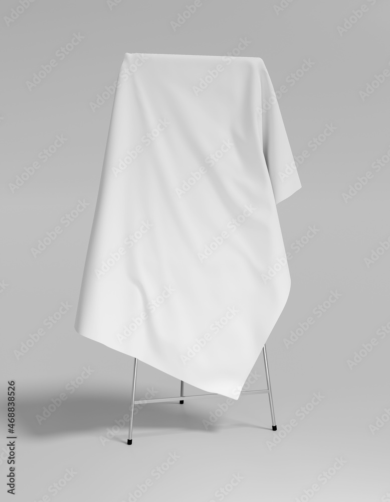 flip chart portable board height adjustable 3d render. covered by cloth ...
