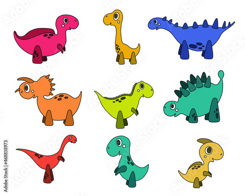 Fototapeta Naklejka Na Ścianę i Meble -  Vector collection with nine cartoon dinosaurs. Cute children character in bright colours. Nice illustration for cards, stickers, print, poster, kids room decor.