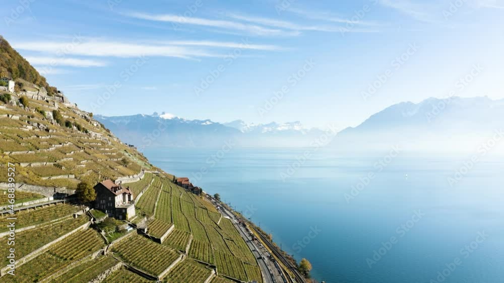 Les vignes de lavaux vues du ciel. Vue aérienne en drone de bourg-en-lavaux et du lac léman en 4k. 