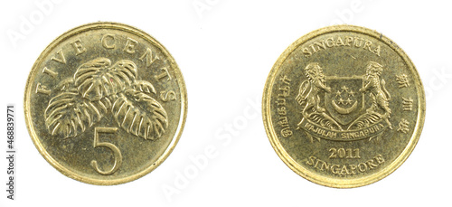 Photography Singapore five cents coin on a white isolated background