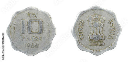 India ten paise coin on white isolated background photo