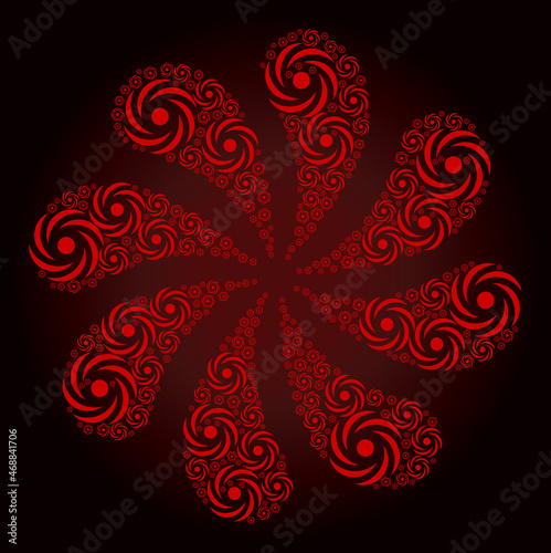 Red cyclone rotation icon explosion twist turbine fireworks shape on red dark gradient background. Turbine cluster done from red scattered cyclone rotation items.