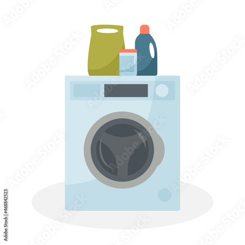 Washing machine with washing powder and detergents isolated on a white background. Vector flat illustration.