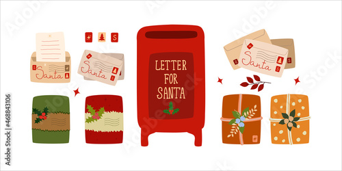 Christmas mail set. Postal items to Santa Claus. Congratulatory letters, parcel post, gifts, mailbox. Vector illustration in cartoon flat style.