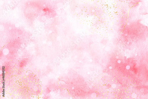 Rose pink liquid watercolor background with golden lines. Dusty blush marble alcohol ink drawing effect. Vector illustration design template for wedding invitation, menu, rsvp