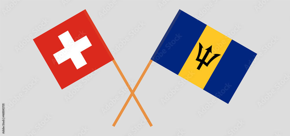 Crossed flags of Switzerland and Barbados. Official colors. Correct proportion