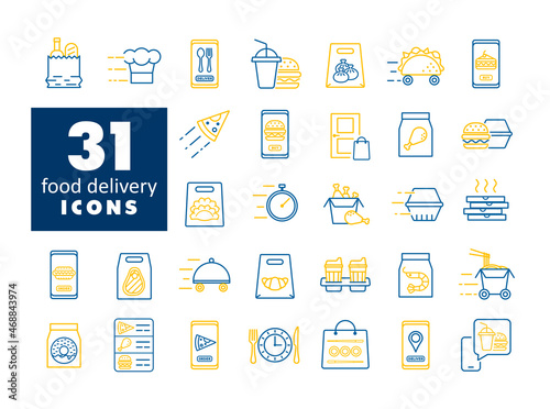 Fast food delivery vector flat icons set