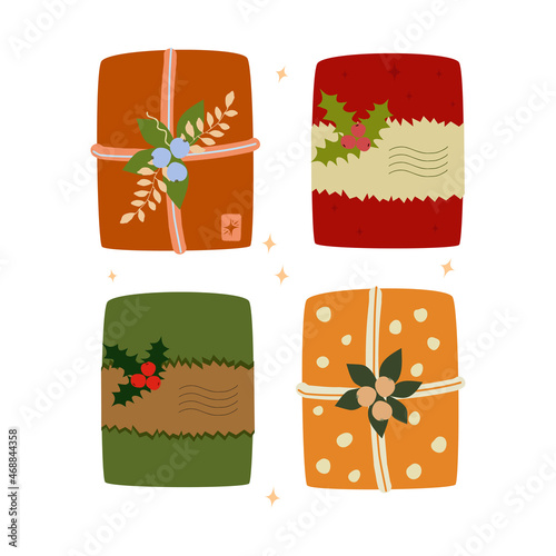 Christmas gift boxes. Gifts are decorated with plants, berries, ribbons. Vintage style Hugge. Kraft packaging. Vector illustration cartoon flat style. Isolated on white background
