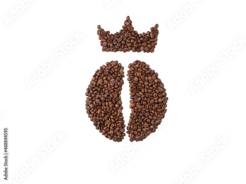 A schematic representation of coffee beans made from roasted coffee beans. The crown of their coffee beans on the White isolated background. The concept of using the best coffee.
