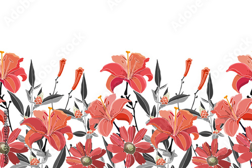 Vector floral seamless pattern, border. Red lilies, daylilies, wormwood, quinoa, grey leaves. Vector flowers, buds, leaves and herbs isolated on a white background.