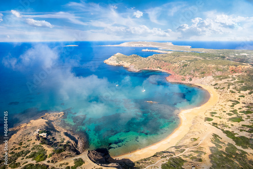 Landscape with aerial view at Platja Cavalleria, Ferragut and Cala Rotja, Menorca island, Spain photo